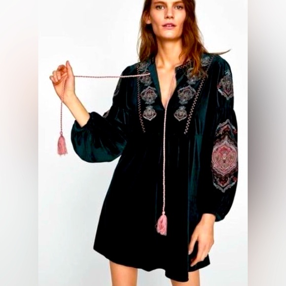 Zara Green Velvet Embroidered Dress - Picture 1 of 7
